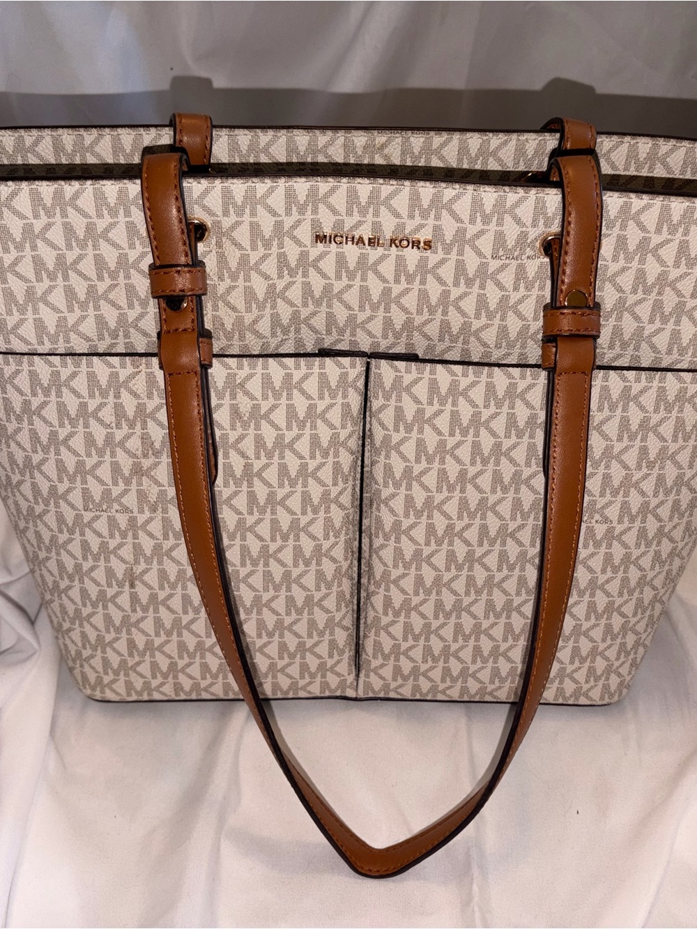 Michael Kors Cream MK Logo Tote with Brown Leather Straps